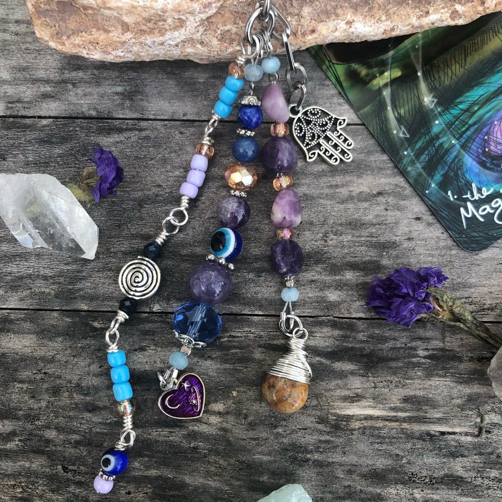 Evil Eye Lepidolite Mixed Crystal Gemstone Beaded Purse Charm / Car Mirror Charm